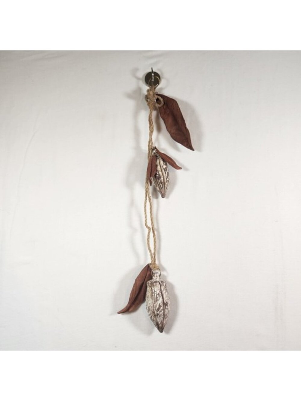 Handmade Ceramic Cacao Pod Wall Hanging Decor Leather Leaves Jute Rope 20 Inch